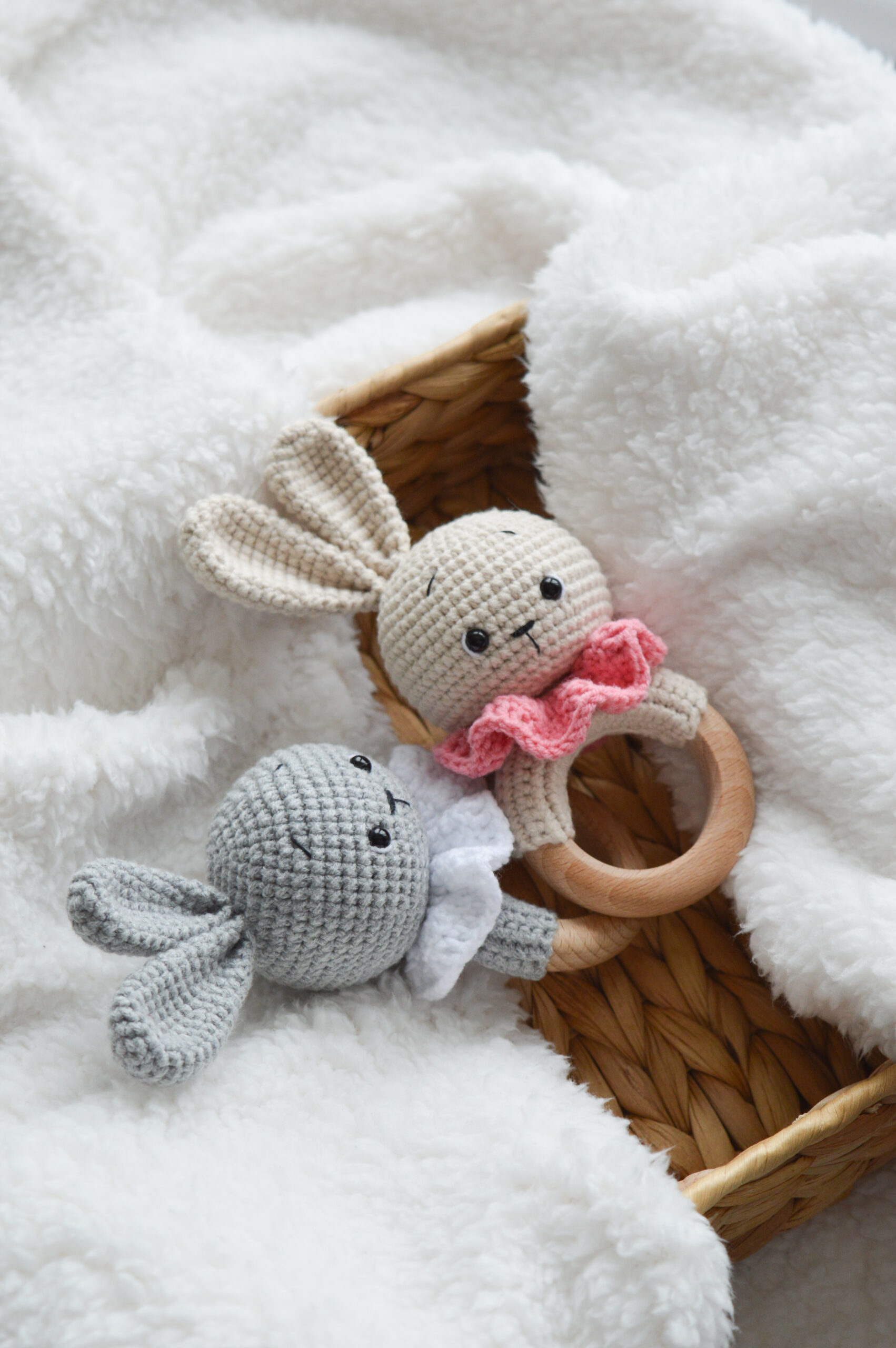 Knitted White Bunny Baby Rattle 