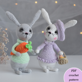 Two Easter bunnies. A rabbit boy in a green sweater holds a large carrot. Rabbit girl holding a basket. There are small Easter eggs in the basket.