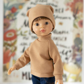 13-inch Paola Reina doll boy in beige sweatshirt and handmade hat