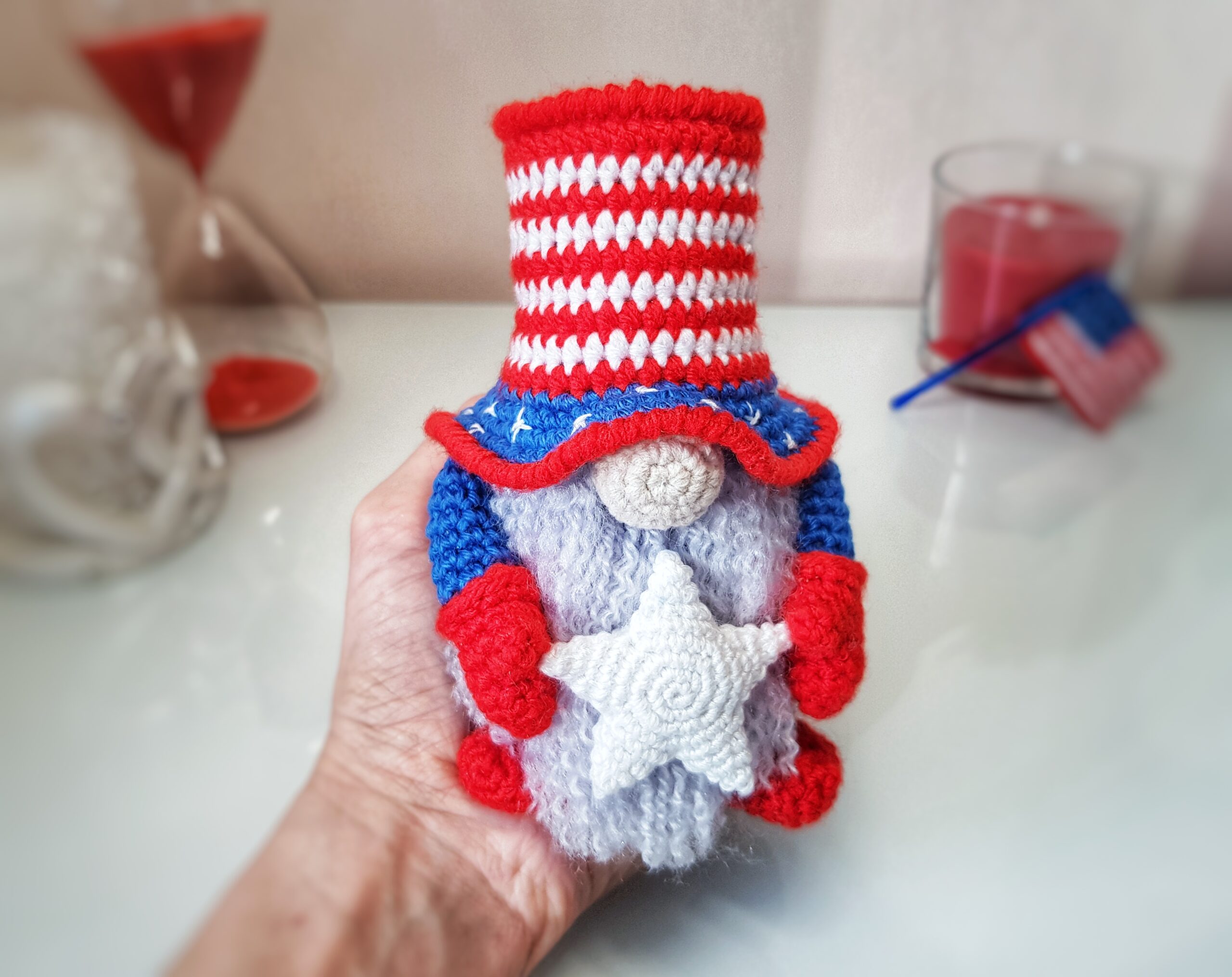 American gnome on Independence Day crochet pattern 4 holiday gnome, American gnome, crochet toy pattern