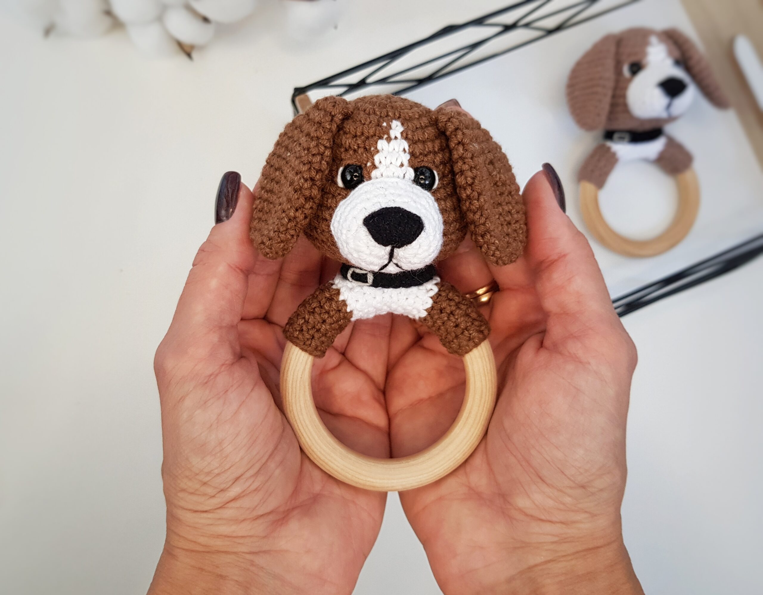Crochet pattern baby rattle amigurumi dog Beagle