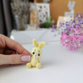 Crochet miniature plush yellow bunny sitting