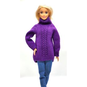 Purple oversize sweater with pattern on the front for Barbie doll close