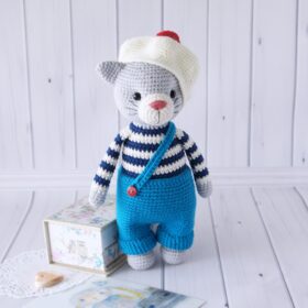 Grey Cat Doll with clothes, Pet Stuffed Animal Toy, Crochet animal toys for Toddlers