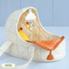 Handmade sleeping basket (carrycot) for mini stuffed animal or rag doll with bedding and baby mobile.