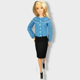 Light blue cardigan with jacquard for Barbie doll front