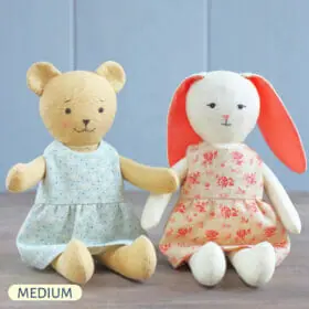 Handmade bear and bunny stuffed animals with clothes