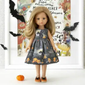 Paola Reina doll in a dress with bats for Halloween