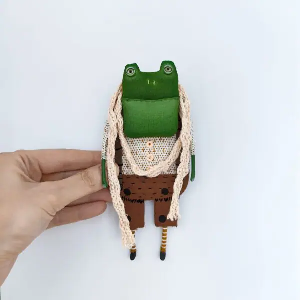 one-of-a-kind-textile-art-doll-frog-boy-in-dark-brown-pants