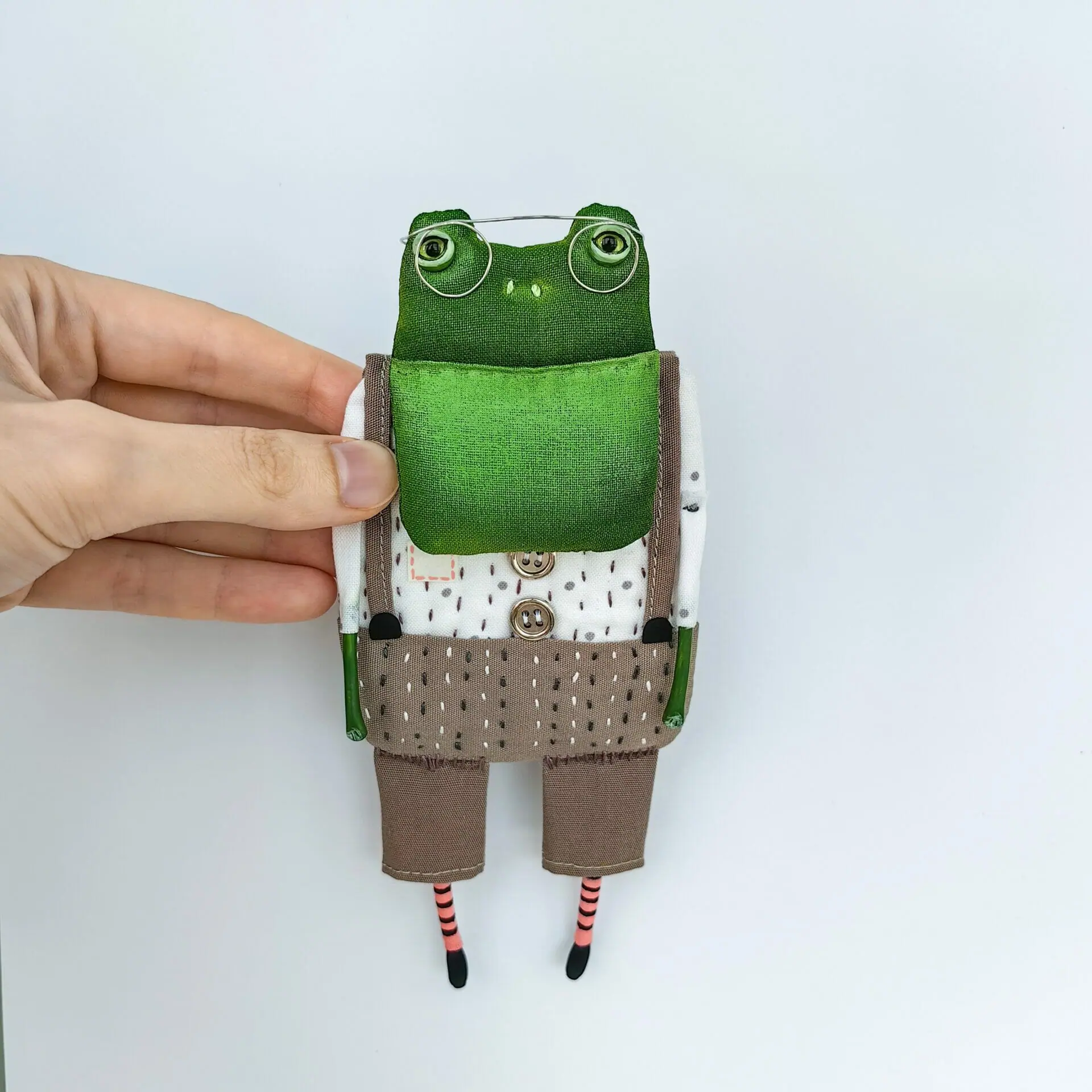 handmade textile art doll frog in gray pants, unique 1 doll