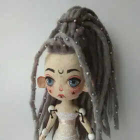 Textile Halloween witch doll with dreadlocks and tattoos