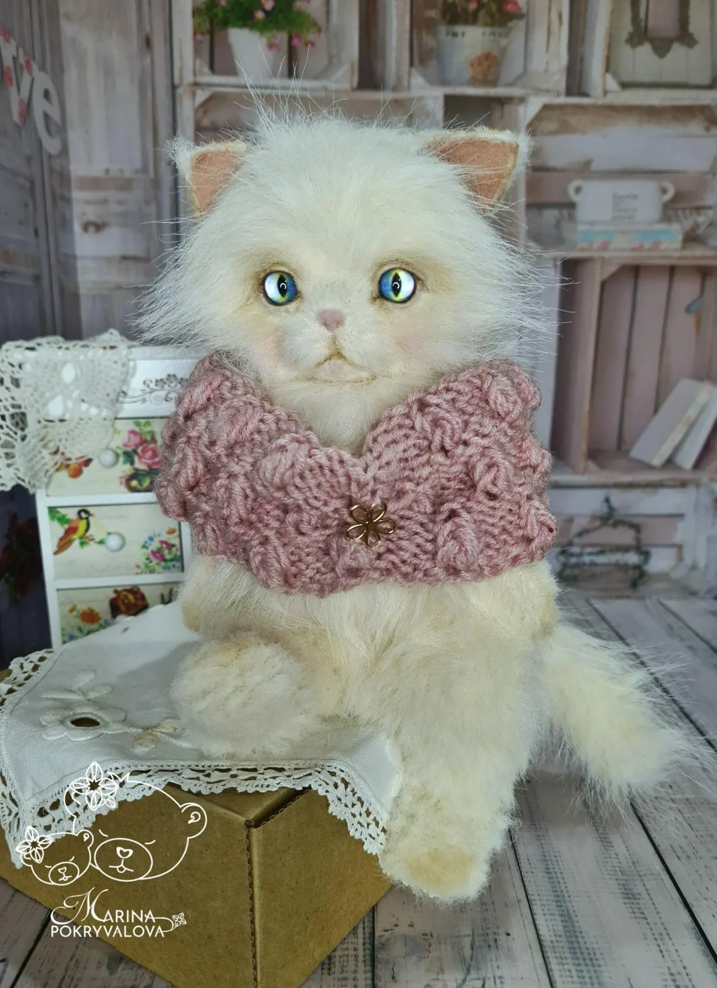Plush cat. Poseable toy. Blue eyed cat. Gift idea. DailyDoll Shop