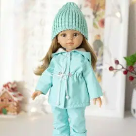 Paola Reina doll in mint suit for winter walks