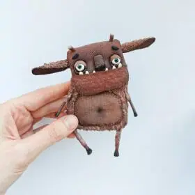 one of a kind hanmade textile art doll brown monster