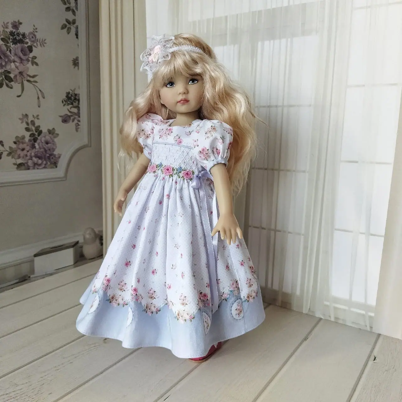 Flowers border smocked dress with hand embroidery Flowers border smocked dress with hand embroidery