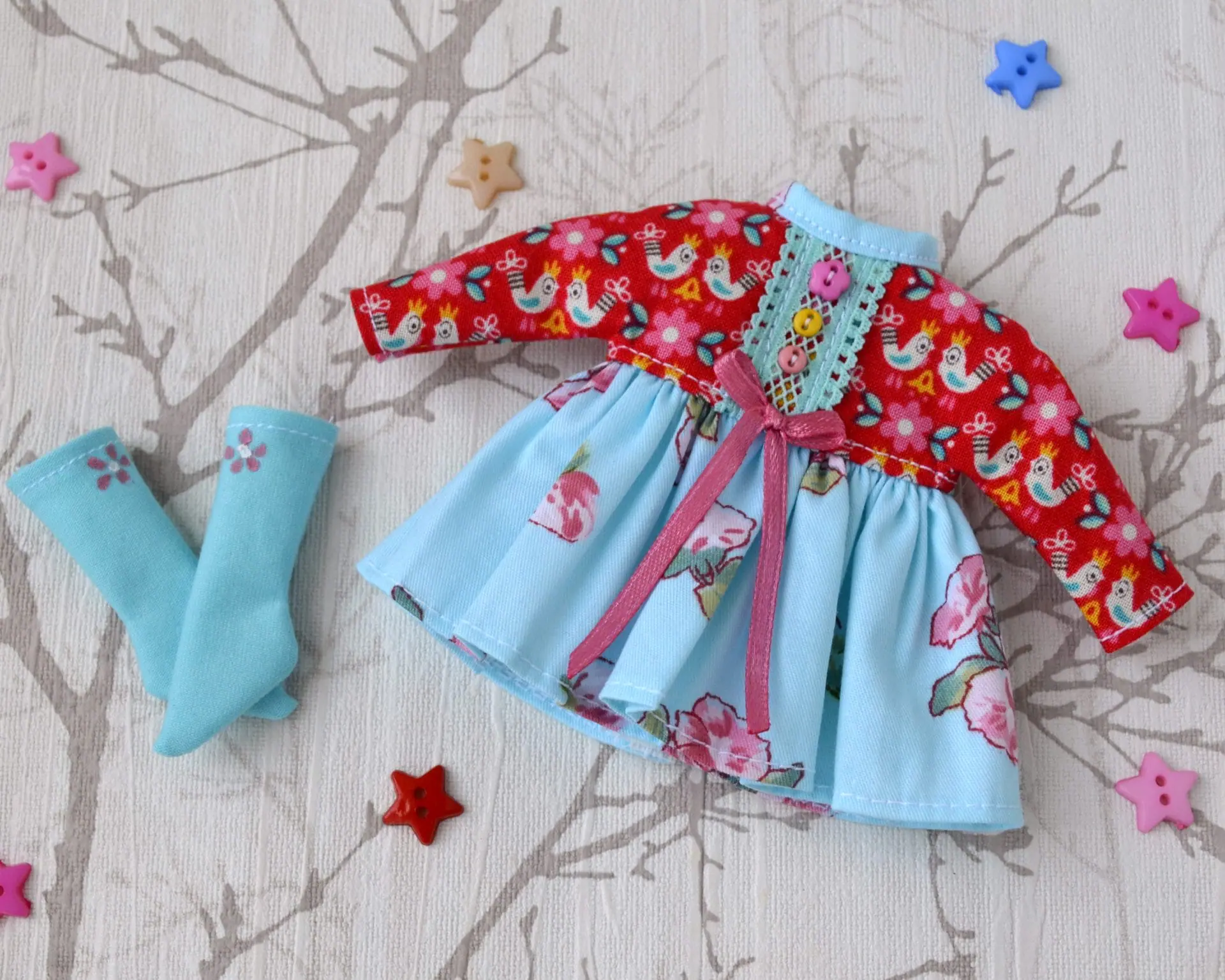 Meadow Chibbi Doll outfit, Holala, Xiaomi doll dress - Birds 1 Meadow Chibbi Doll outfit, Holala clothes, Xiaomi doll dress - Red Birds 2