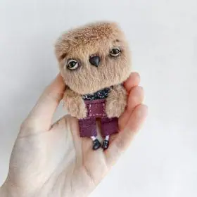 textile art doll brown owl in violet pants