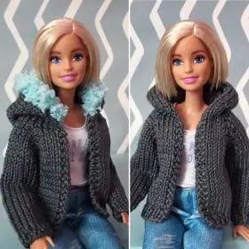 Barbie doll knitting pattern, Barbie clothes hooded jacket