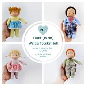 DIY Waldorf pocket doll 7 inch (18 cm) tall. PDF sewing pattern and tutorial.