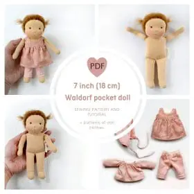 DIY Waldorf classic doll 7 inch (18 cm) tall. PDF sewing pattern and tutorial.