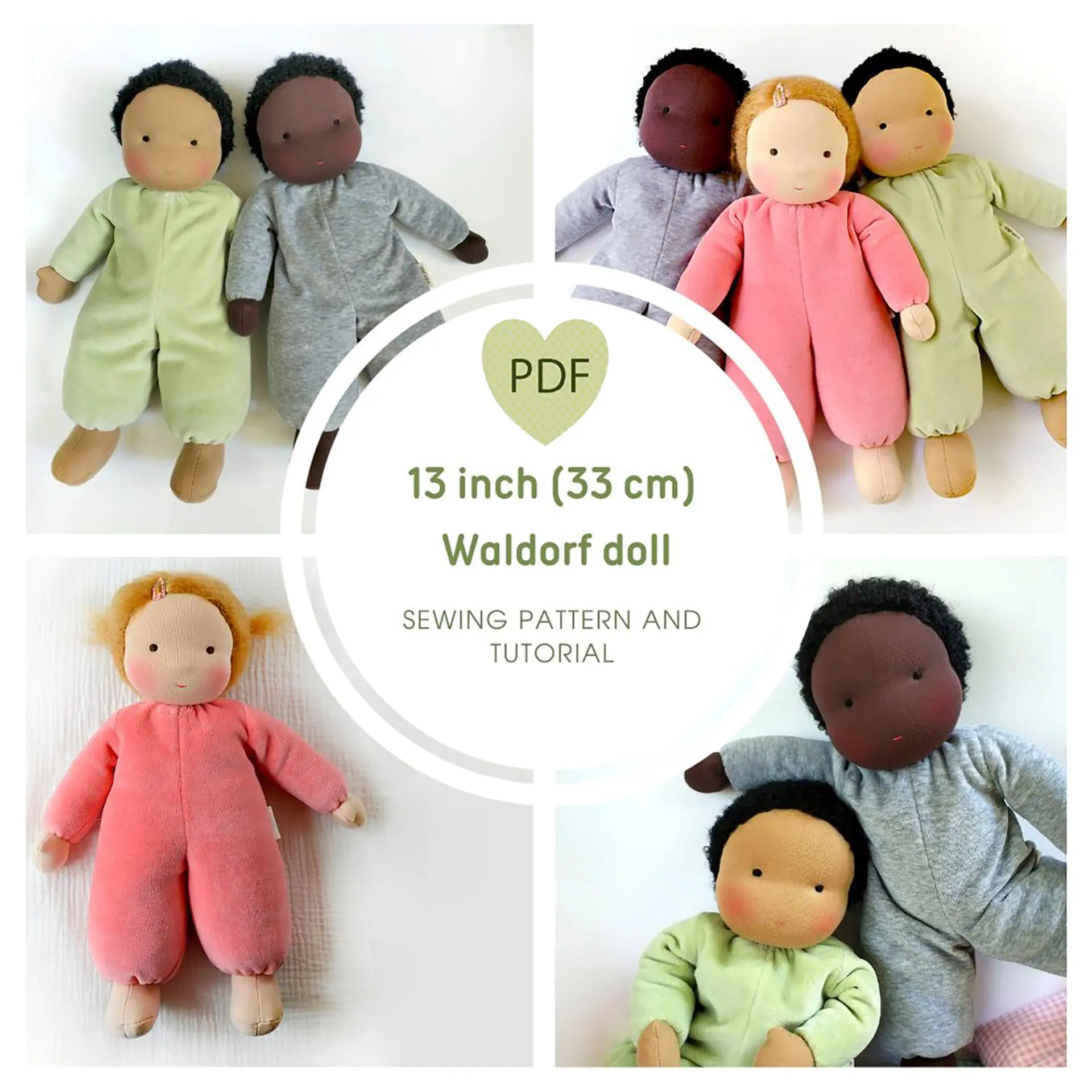 212154 DIY Waldorf cuddly doll 13 inch (33 cm) tall. PDF sewing pattern and tutorial.