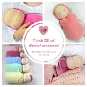 DIY Waldorf swaddle sleeping doll 11 inch (27 cm) tall. PDF sewing pattern and tutorial.