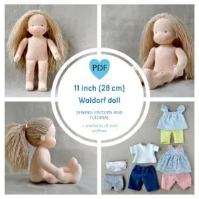 DIY Waldorf doll 11''/28cm tall. PDF pattern and tutorial. Patterns of doll clothes as bonus