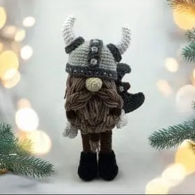 Plush crochet Viking Gnome amigurumi toy, Nordic-inspired handmade pattern.