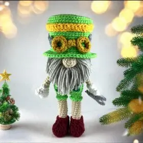 Plush crochet Gnome Mechanic amigurumi toy, steampunk-inspired handmade pattern