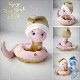 Christmas plush soft snake. Handmade cute snake girl in holiday hat for home decor. Christmas snake for gift.