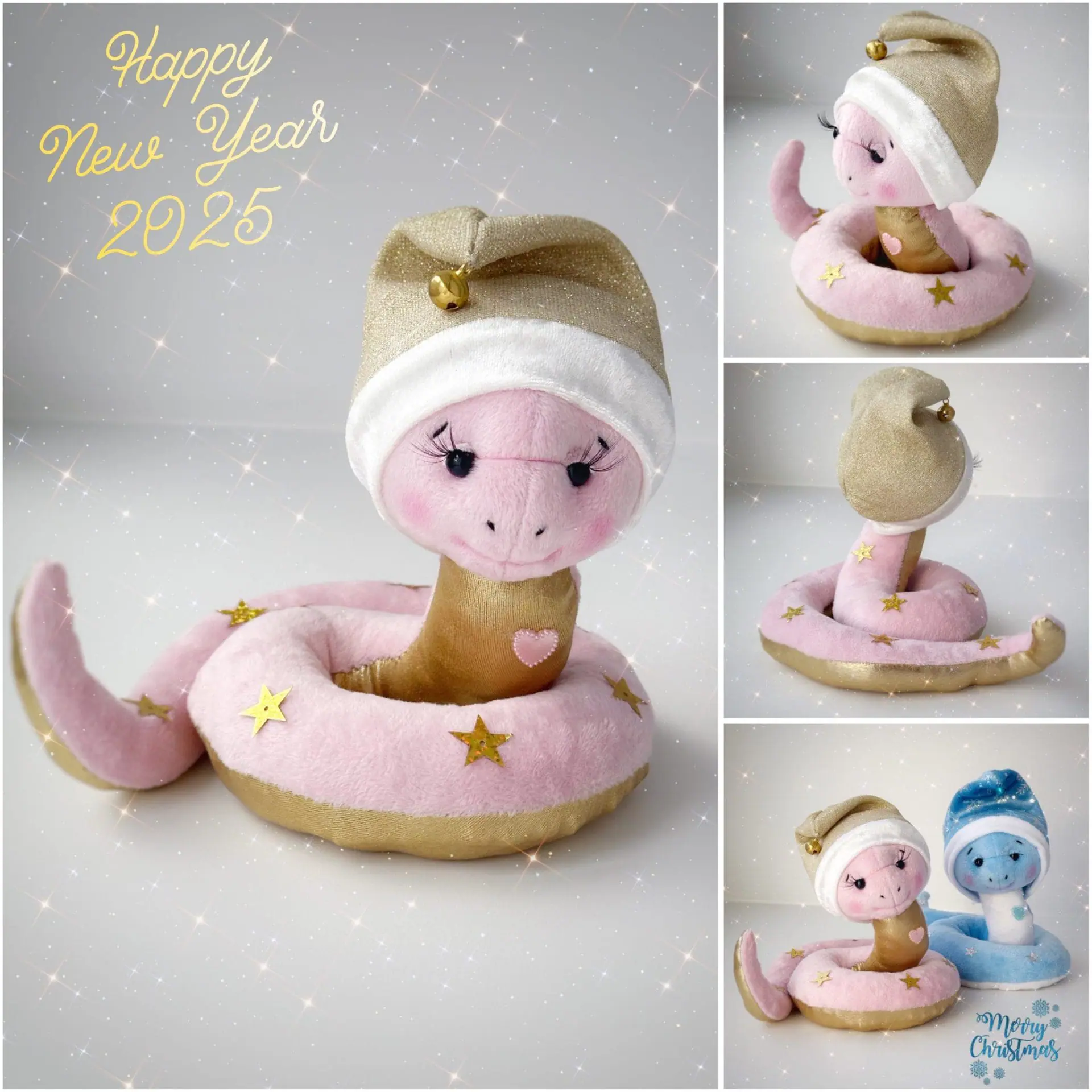 Handmade plush pink gold snake Christmas plush soft snake. Handmade cute snake girl in holiday hat for home decor. Christmas snake for gift.