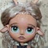 Deer, deer doll, blythe deer, doll in brown dress and apron with deer, baby deer