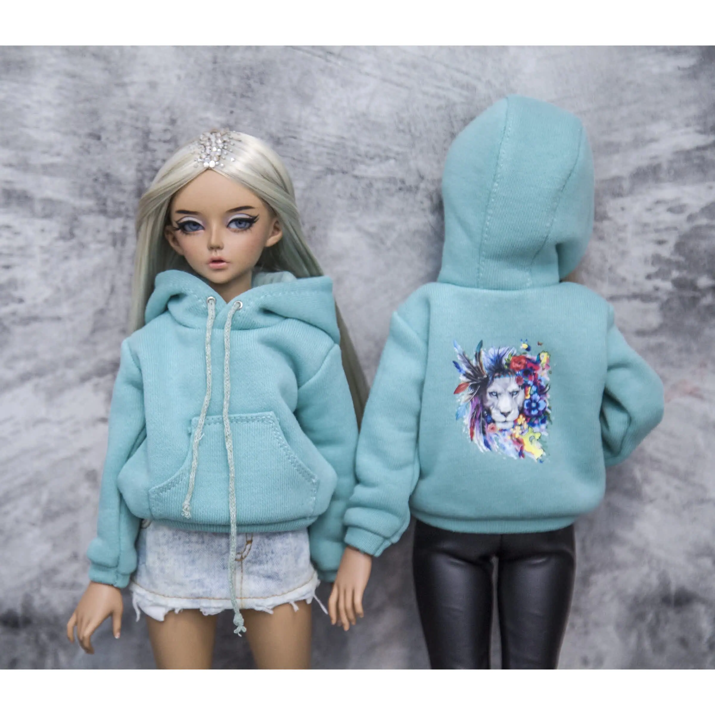 BJD Minifee hoodie dark mint with print , Clothes for doll 10 2.jpg