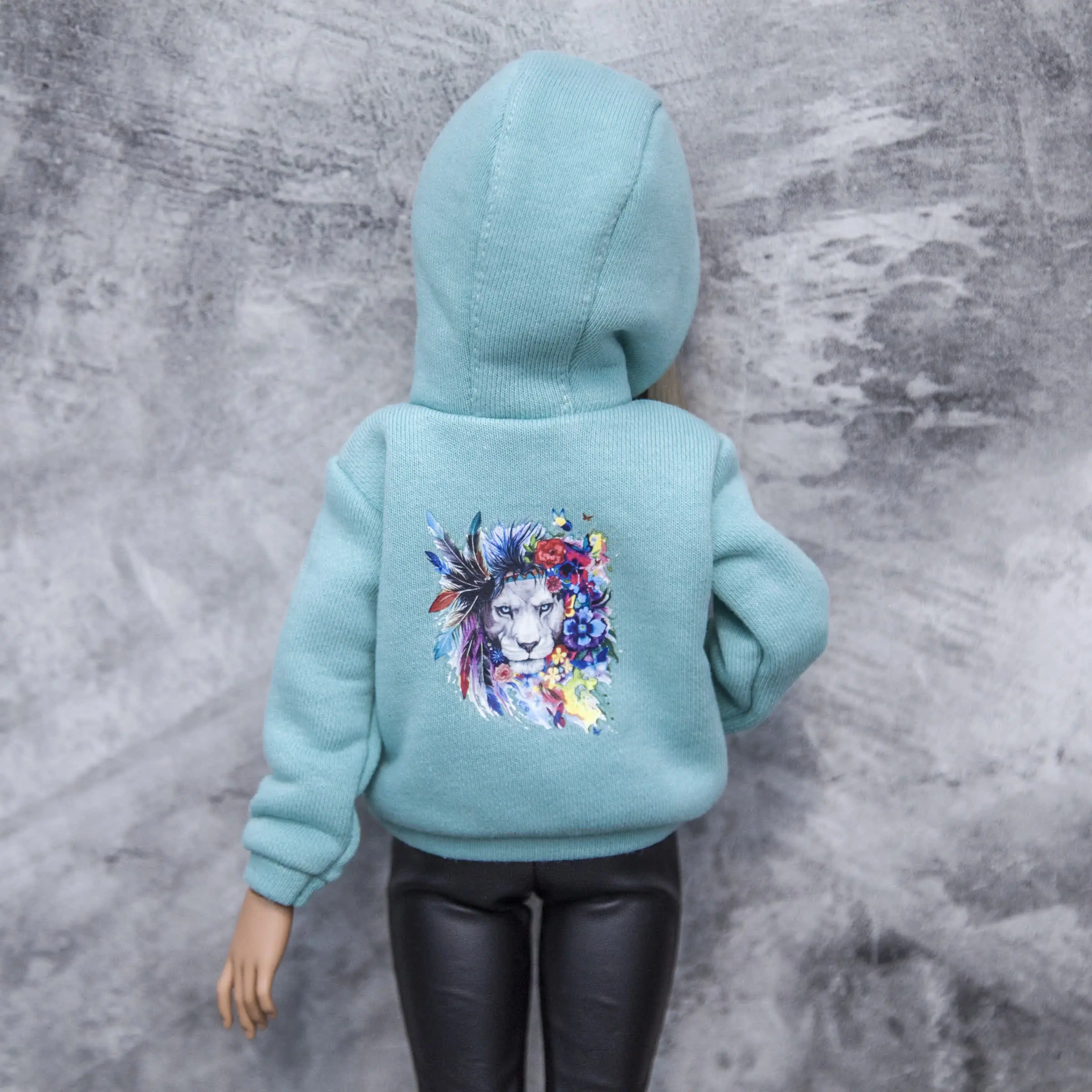 BJD Minifee hoodie dark mint with print , Clothes for doll 8 4.jpg