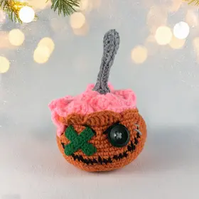 Plush crochet Halloween pumpkin ice cream amigurumi toy, spooky handmade pattern