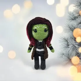 Plush crochet Gamora amigurumi toy, inspired by Marvel’s Guardians of the Galaxy, handmade pattern
