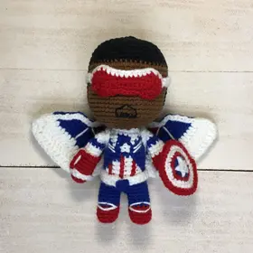 Plush crochet Falcon amigurumi toy, inspired by Marvel’s Avengers, handmade pattern