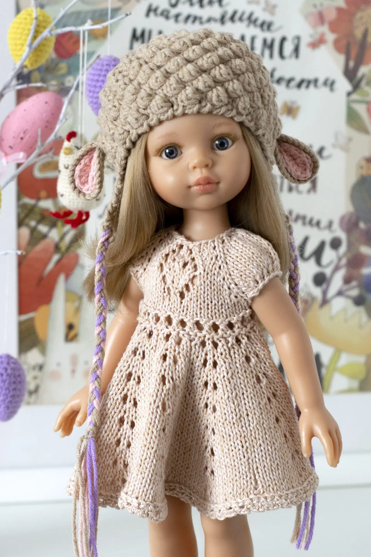 Handmade sheep hat for 13-inch Paola Reina dolls, Meadow Dampling 1 dsc 1564.jpg