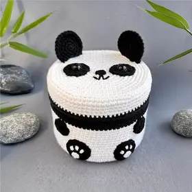 Plush crochet panda box amigurumi, handmade storage container pattern