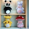Plush crochet animal pattern set – panda in a hat, cat, giraffe, and mushroom, beginner-friendly amigurumi