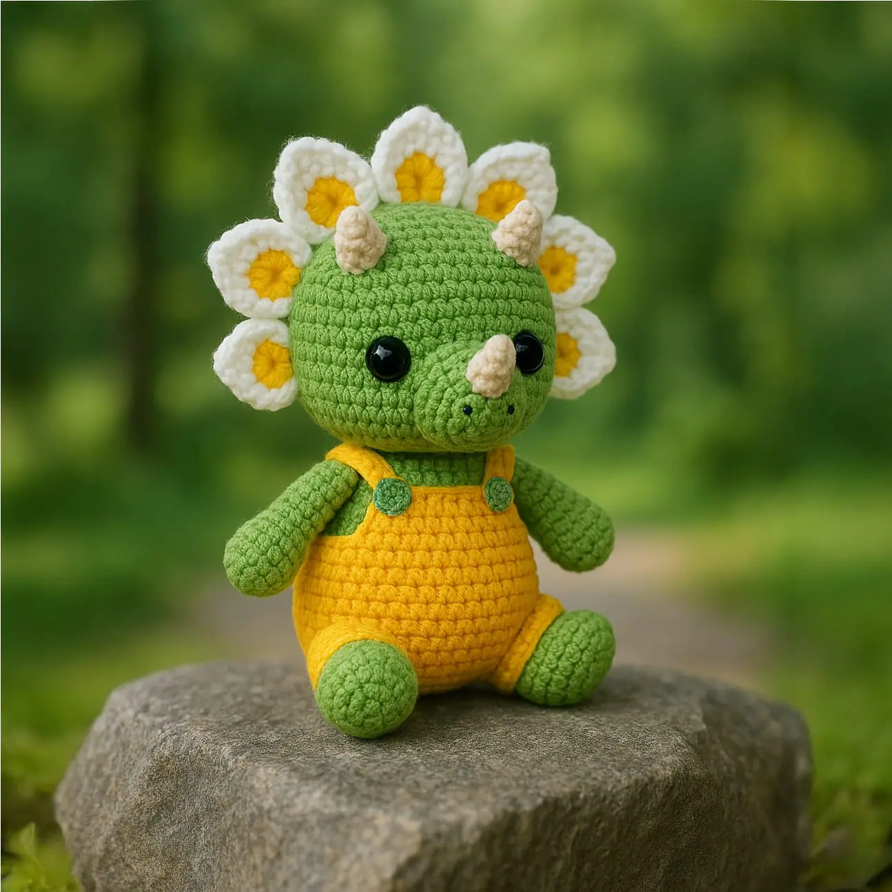 Flowers Dino Crochet Pattern Cute Triceratops Amigurumi Toy 7 Crochet plush amigurumi triceratops dinosaur with daisy flower petals and yellow overalls, digital crochet pattern.