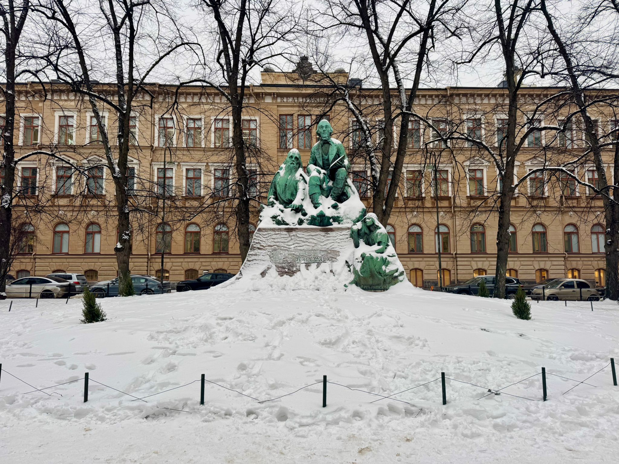 The Elias Lönnrot Statue in Helsinki. Now covered in snow.