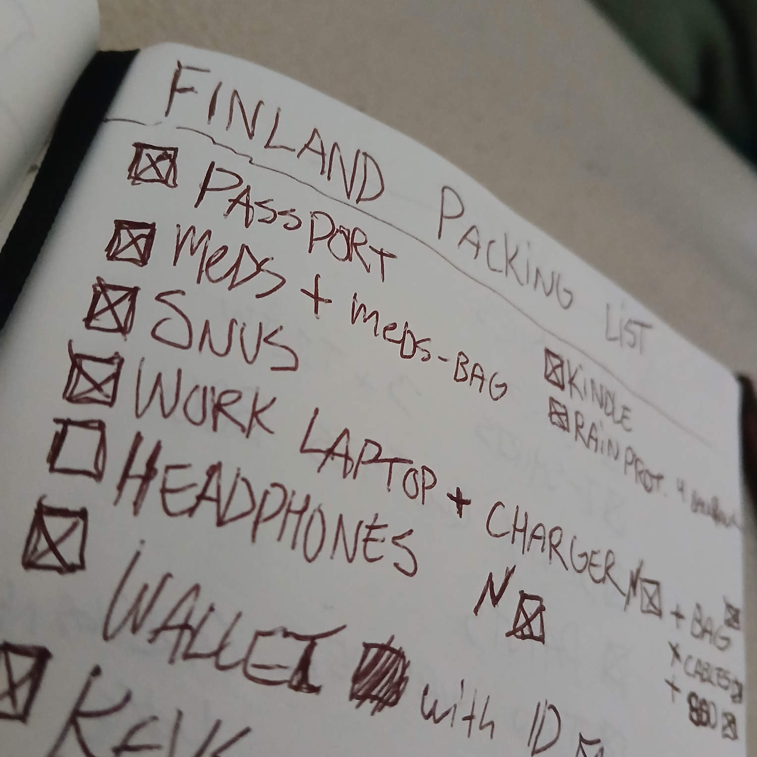 my handwritten checkbox list of items to pack. it says things like Passport, Meds, Snus, Headphones, Work Laptop, Wallet etc