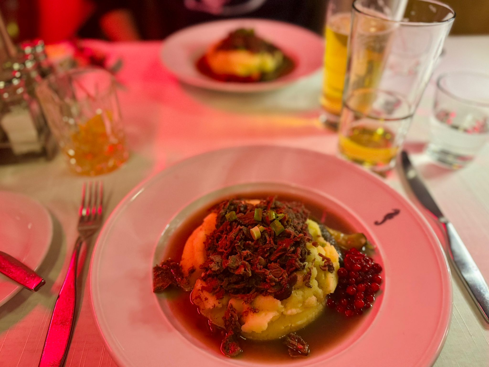 Sauteed reindeer with lingonberries and mashed potato at restaurant Sea Horse.