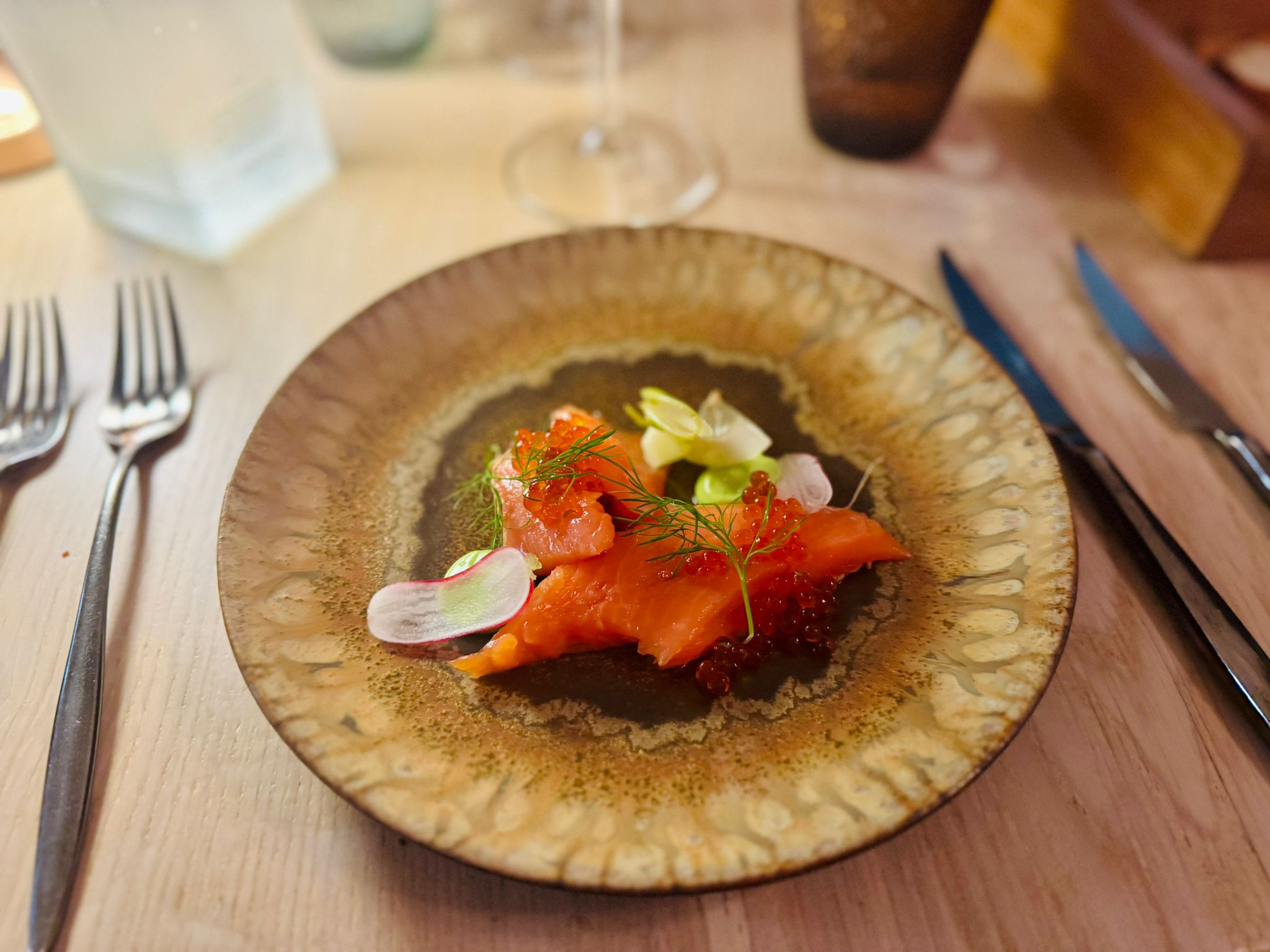 Plate no. 1 served at Restaurant RAGU. Rainbow trout served "sushi"-style with befitting toppings.
