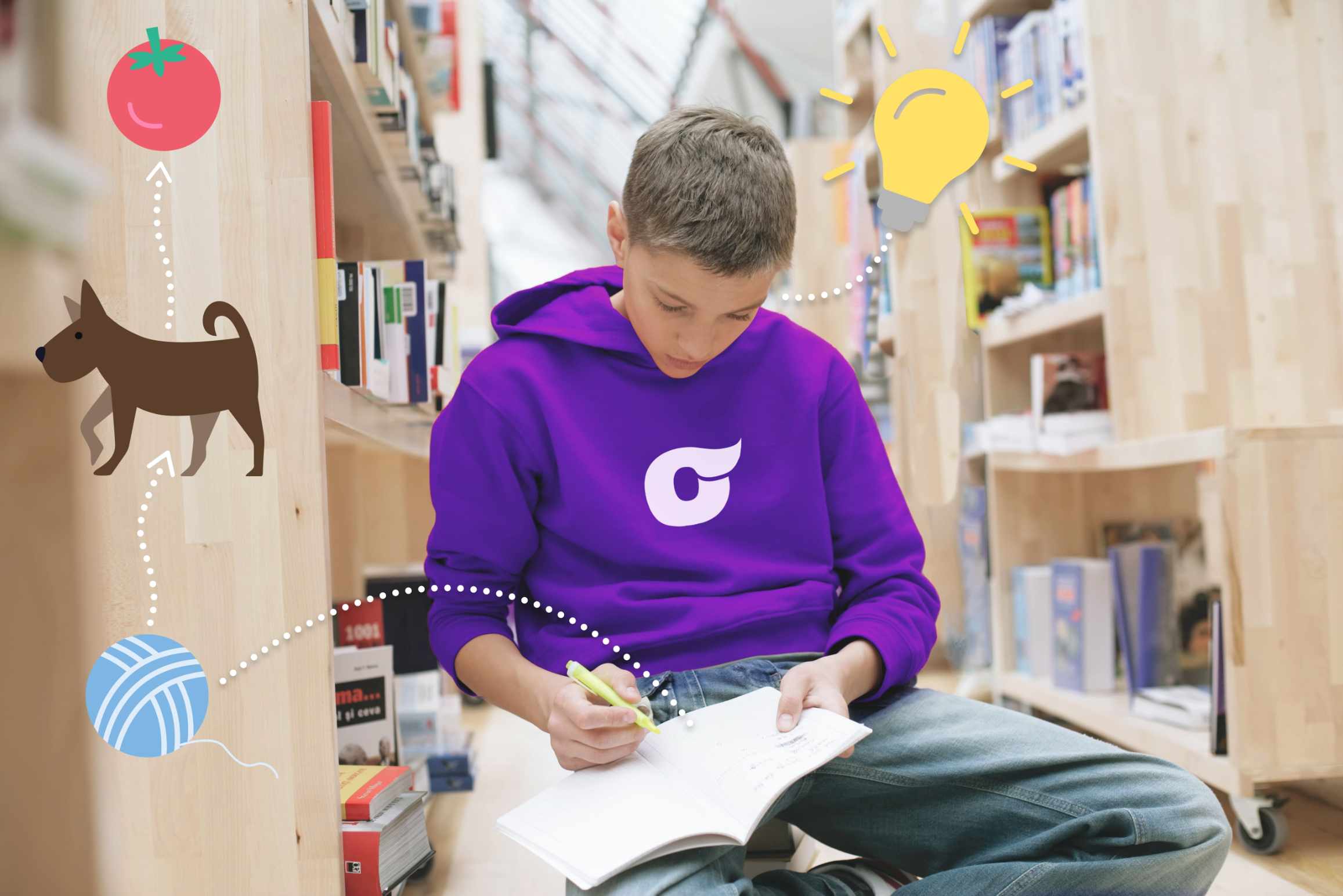 Vokabular Lernmethoden: Junge sitzt in Bibliothek und lernt Wörter