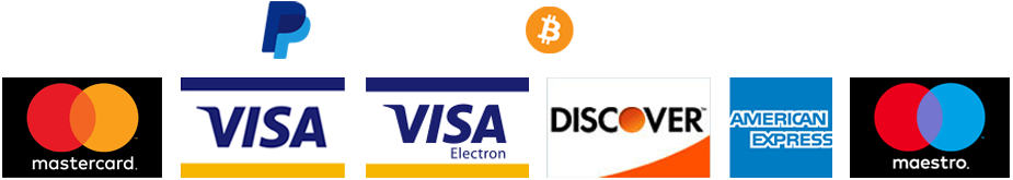 MasterCard, Visa, Visa Electron, Discover, American Express, Maestro, PayPal, BitCoin