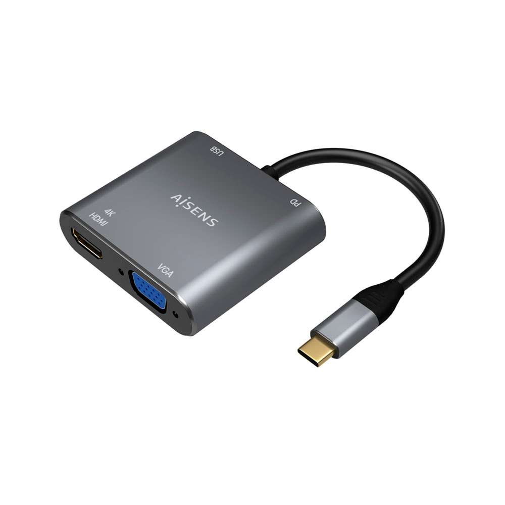 Conversor USB-C a VGA/HDMI 4K/USB3.0/USB-C PD. USB-C/M-VGA/H-HDMI/H-USB-A/H-USB-C/H. Gris. 15cm.