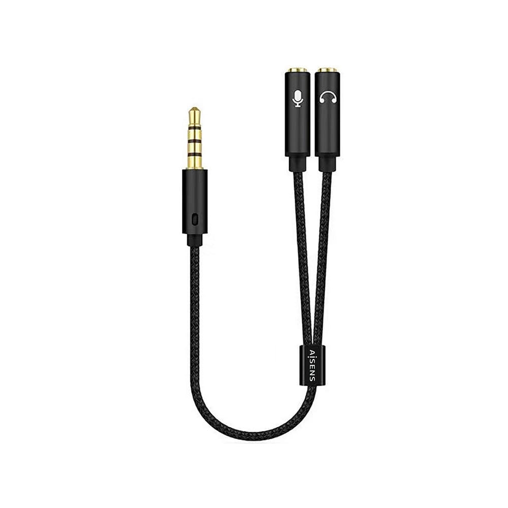 Cable adaptador audio. Jack 3.5 4 pines/M-2xJack 3.5 3 pines/H. Negro. 25cm