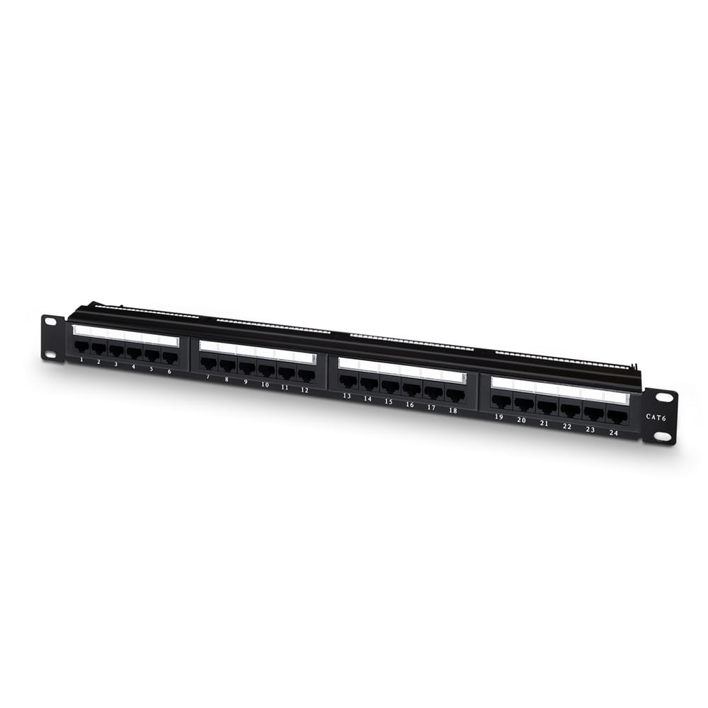 Panel de parcheo de 24 puertos RJ45 Cat.6 UTP. 19? 1U dual IDC. Negro. (A141-0308)